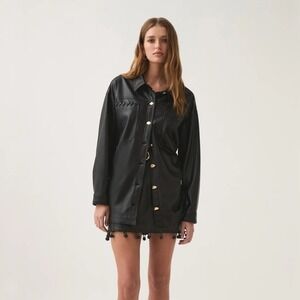 Aje NWT Unity Braided Knot Shirt Black Faux Leather Shacket Gold Buttons- Size 0